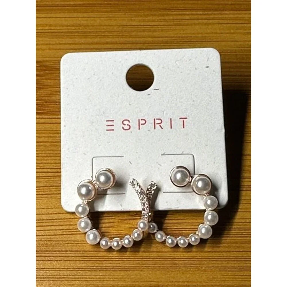 ESPRIT Gold Tone Pearl Rhinestone Hoop Earrings Crescent Style Boho New Pair